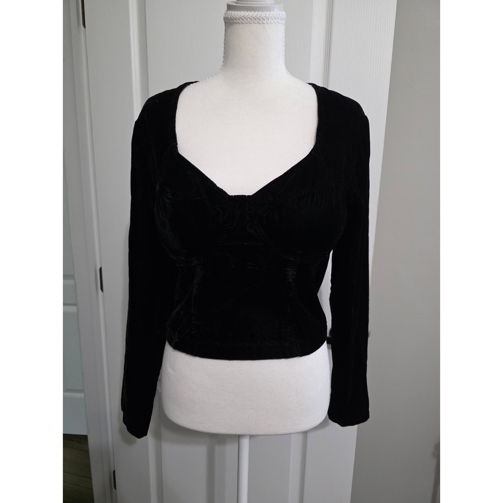 Moda‎ Intl Women 12 Black Velvet Bustier Top Long Sleeve Zipper Vintage VS Goth